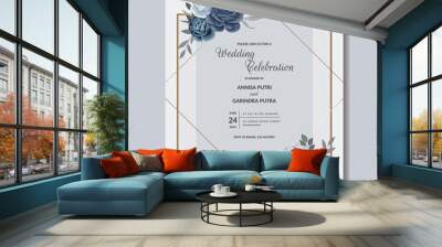  Elegant wedding invitation card template with  floral and leaves  navy blue  Premium Vector Wall mural