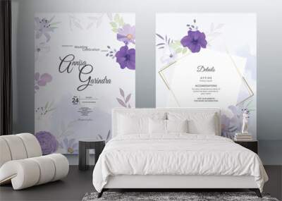  Elegant wedding invitation card with beautiful purple floral and leaves template Premium Vector Wall mural