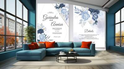  Elegant wedding invitation card with navy blue  floral and leaves template Premium Vector Wall mural