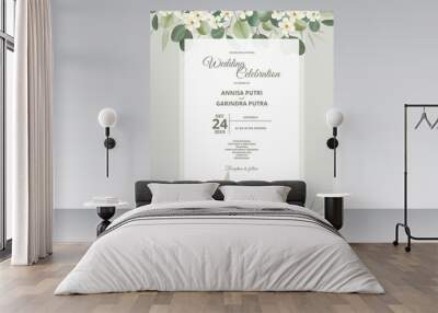  Wedding invitation card template set with beautiful white floral leaves Premium Vector Wall mural