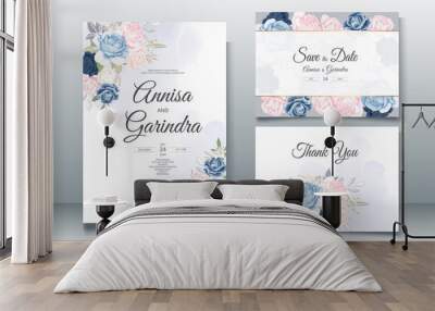 Beautiful blue navy and pink  floral frame wedding invitation card template Premium Vector Wall mural