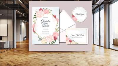 Elegant wedding invitation card template with beautiful floral leaves Premium Vector Wall mural