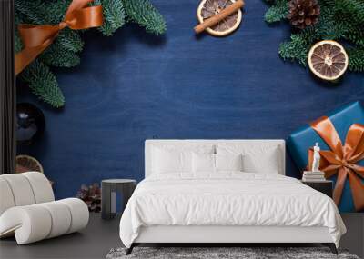 Christmas, New Year dark blue flat lay. Winter holiday concept flat lay. Top view. Wall mural