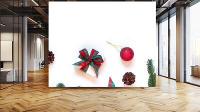 Christmas and New Year concept frame with winter holiday decorations on the white background. Top view festive greeting card. Copy space Wall mural