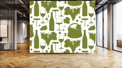 Pattern of drawing green wine bottle, grapes in basket, glass with alcohol drink, champagne on white background. Outline beverage, silhouette winery, line art corkscrew, vine. Vector illustration. Wall mural