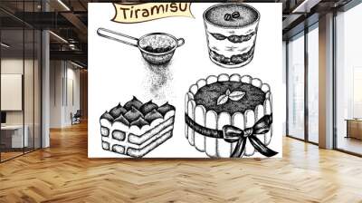 Set of sketch hand drawn italian dessert tiramisu isolated on white background. Sweet food with mascarpone, savoiardi, coffee, cacao. Element for bakery, menu, cafe, restaurant. Vector illustration Wall mural