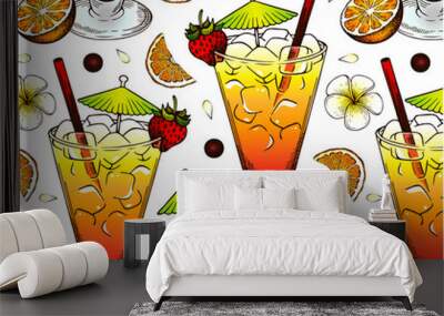 Sketch drawing pattern of Tequila Sunrise cocktail isolated on white background. Bar menu wallpaper. Hand drawn alcohol drink with orange juice, grenadine, cherry, strawberry. Vector illustration. Wall mural