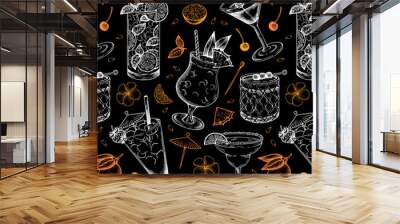 Sketch hand drawn pattern of cocktail with lemon, pineapple, mint and lime isolated on black background. Chalk drawing alcohol drink wallpaper. Martini, Tequila Sunrise, Margarita. Vector illustration Wall mural