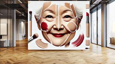 makeup for adult asian woman and cosmetics swatches on a beautiful woman's face, concept of woman's beauty Wall mural