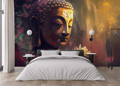 Buddha statue with flowers. AI generative Wall mural