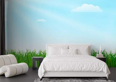 Spring nature background with green grass and blue sky. Vector illustration Wall mural