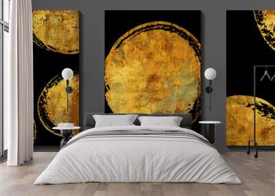 Gold vintage art vector set. Grunge circles. Luxury cover design. Gold vector texture on black background. Hand drawn abstract illustration with paint brush strokes for cover, wallpaper, print. Wall mural