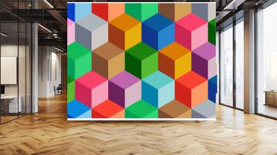 Multicolor seamless vector geometric pattern with 3d cubes. Kids wrapping template. Colorful set backdrop for postcard, poster, flyers, cards. 3D funny baby background. Endless optical illusions.	 Wall mural