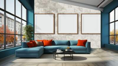 Three wooden frames on brick wall. 3D render wooden painted frame mock up. Empty interior. 3D design interior. Template for business. Passe partout frame. Blank. Stone. Shadow on the brick wall. Wall mural