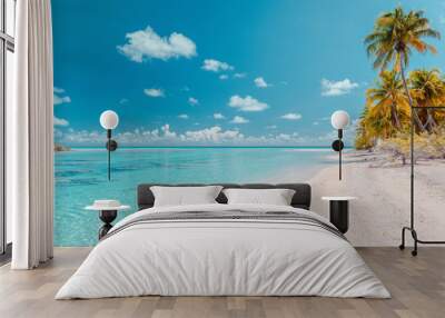 Beach paradise travel vacation tropical getaway in Rangiroa atoll, Tuamotu islands, French Polynesia. Tahiti honeymoon destination with idyllic pristine ocean crystal clear turquoise water. Wall mural