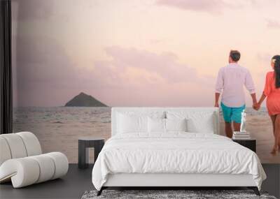 Beach vacation panoramic background romantic walk couple relaxing on Hawaii ocean summer travel destination. Wall mural