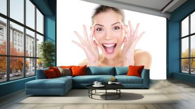 Beauty - happy funny Asian woman face expression. Girl surprised and excited showing fun facial expression. Beautiful healthy girl with perfect skin screaming joyful in surprise. Model isolated PNG. Wall mural