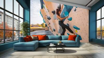 Bouldering climbing athlete woman training strength at outdoor gym boulder climb wall. Asian fit girl going up having fun in extreme sport hobby. Banner panoramic Wall mural