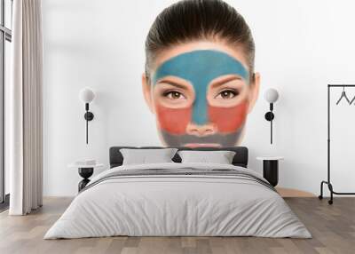 Face mask Asian beauty woman multimasking with different color clay latest trend in dermatology. Fun facial therapy for different skin zones. Wall mural