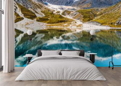 Glacier Bay National Park, Alaska, USA. Amazing glacial landscape view from cruise ship vacation travel showing mountain peaks and glaciers on clear blue sky summer day. Wall mural