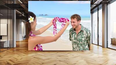 Hawaii woman giving lei garland welcoming tourist Wall mural