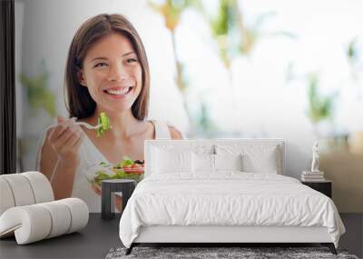 healthy lifestyle woman eating salad smiling happy Wall mural