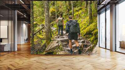 Hike couple hikers hiking forest trail in Autumn nature going camping with backpacks. Friends woman and man walking uphill on mountain in Quebec travel, Canada. Wall mural