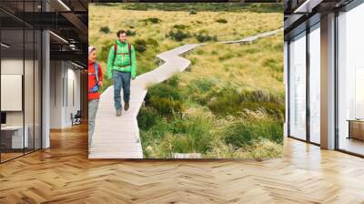 hikers people hiking walking on hooker valley track in summer lifestyle. couple on travel holiday ad Wall mural