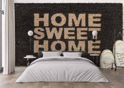 Home condo door mat sweet home doormat text at condo entrance with casual shoes panoramic banner. House move in concept. Wall mural