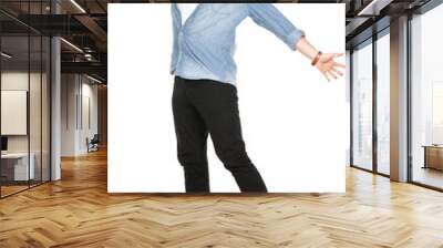 Man jumping excited in full body isolated in transparent PNG. Casual funny Caucasian guy in his twenties. Wall mural