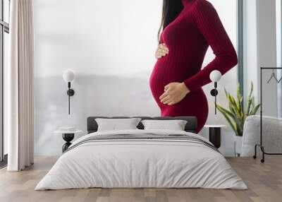 Pregnant woman profile holding her belly in red dress. Beautiful model for pregnancy maternity clothes Wall mural