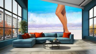 Smooth sun tanned slim legs standing walking on beach ocean banner header- Beauty spa salon background for waxing depilation laser treatment skincare for women. Wall mural