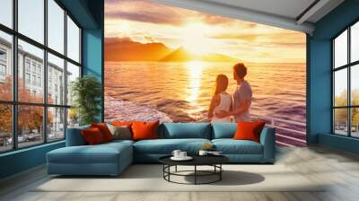 Travel cruise ship couple on sunset cruise in Hawaii holiday. Two tourists lovers on honeymoon travel enjoying summer vacation. Wall mural