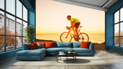 Triathlon competition man cyclist triathlete riding road bike cycling uphill in difficult race during sunset on ocean coast landscape. Fitness active lifestyle. Wall mural