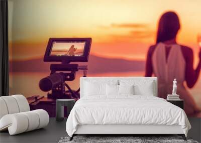 videography professional video camera shoot behind the scene shooting at hotel filming sunset scene  Wall mural