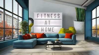 Workout at home fitness gym online class exercise with dumbbell weights, resistance bands. Coronavirus COVID-19 sign lightbox banner training indoors banner. Wall mural