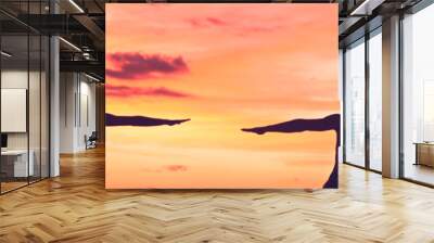 Yoga people training meditating in warrior pose at sunset background panoramic banner. Silhouette of healthy athletes. Wall mural