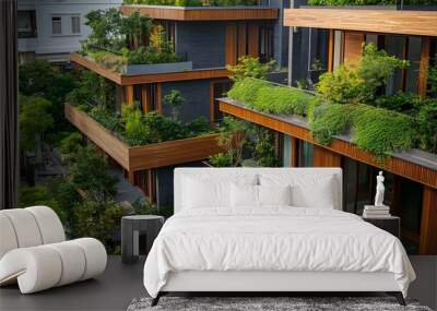 A modern home with plenty of greenery, featuring wooden and concrete details, and a balcony overlooking the garden Wall mural