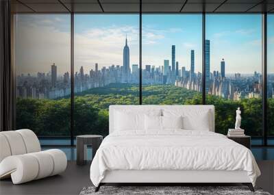 A view of the city from inside an office building, the New York skyline visible through glass windows. Trees can be seen outside, with towering skyscrapers in the distance.  Wall mural