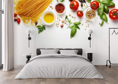 Composition with pasta and cooking ingredients on white background, top view Wall mural