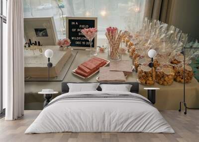 dessert table with party favors, marshmallow, wafers cookies and sticks, cake and table napkin, Wall mural