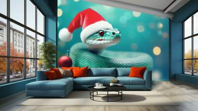 green snake in santa claus hat on light pink background, christmas bokeh background Wall mural