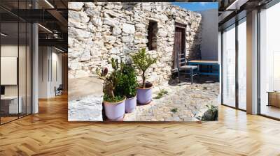 One of the charms of the Greek islands of Cyclades, are the small terraces with their colorful tables and chairs on the ground floor of the stone houses of the narrow cobbled streets Wall mural