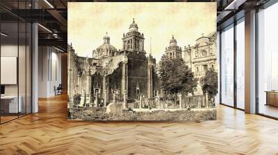 very old photograph of the Metropolitan Cathedral of the Assumption of the Most Blessed Virgin Mary into Heaven in Mexico City is located in the gigantic Constitution Square popularly nicknamed Zocalo Wall mural