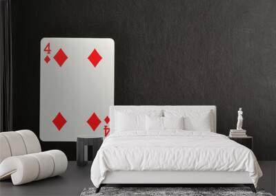 Playing card. Four of diamond isolated on a black background Wall mural