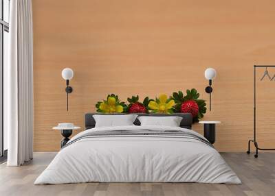 Two red strawberries with two yellow flower on a table Wall mural