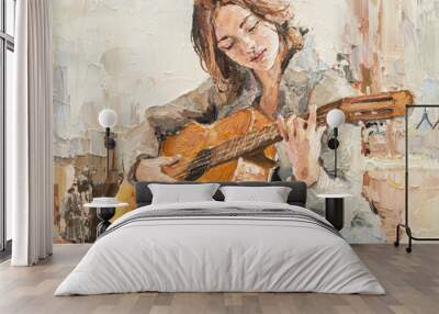 .The girl plays the guitar. Music lessons. Oil painting on canvas. Wall mural