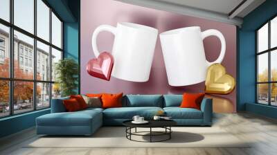 2 white blank coffee mugs with handle on pink background, stars and reflection. 3d render scene with cup in air Wall mural