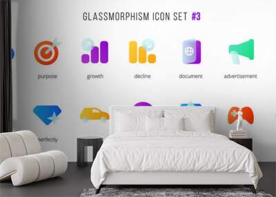 A set of vector icons of the modern trend in the style of glass morphism with gradient, blur and transparency. The collection includes 14 icons of different colors in a single style. Part 3 Wall mural