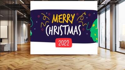 A template for a horizontal banner or header about the new year or Christmas. The inscription merry Christmas. Cute kind characters are standing nearby. A Christmas tree and a Christmas wreath. Wall mural